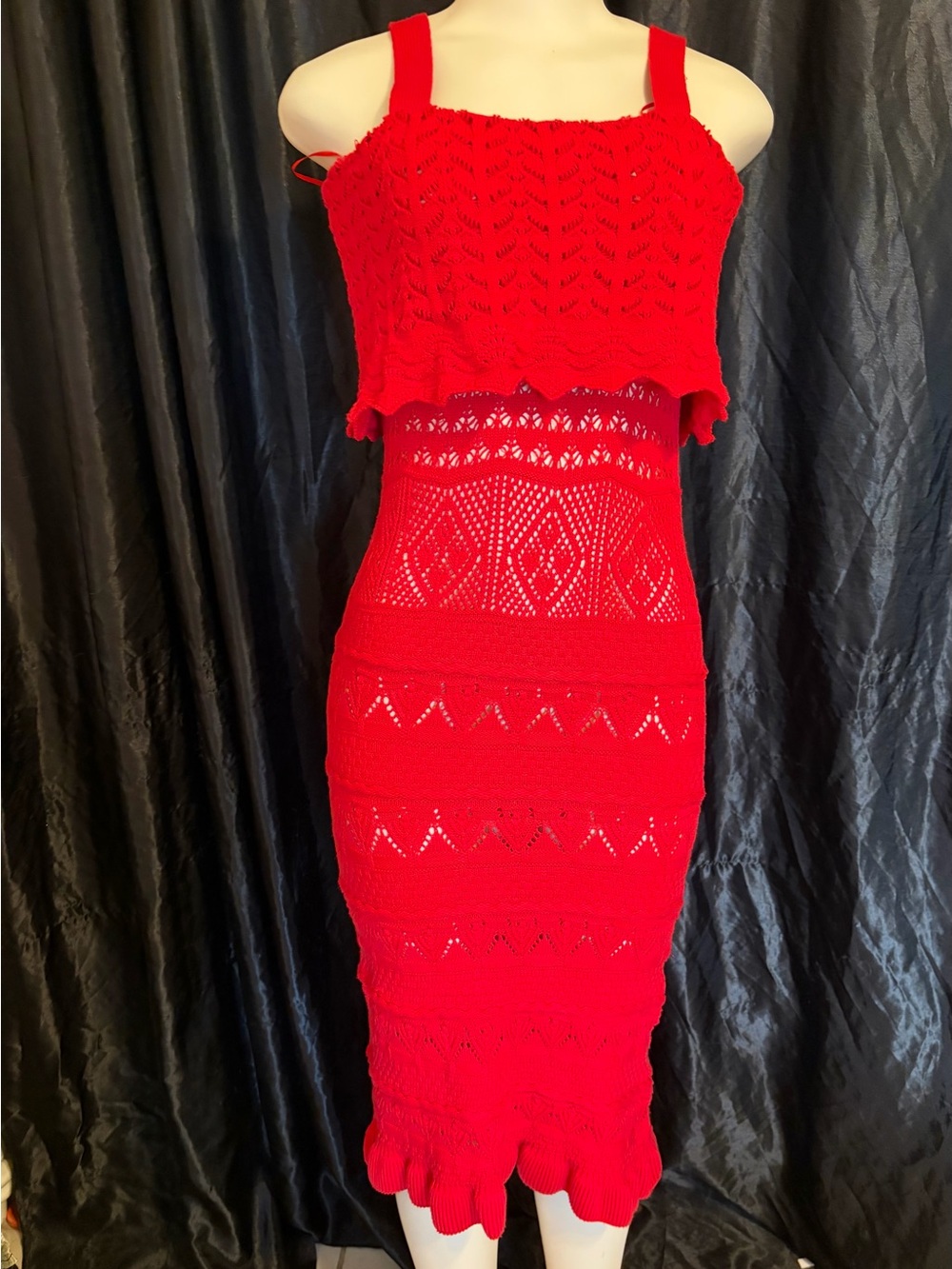 Jealous Tomato Red Crochet Midi Dress with Layered Bodice